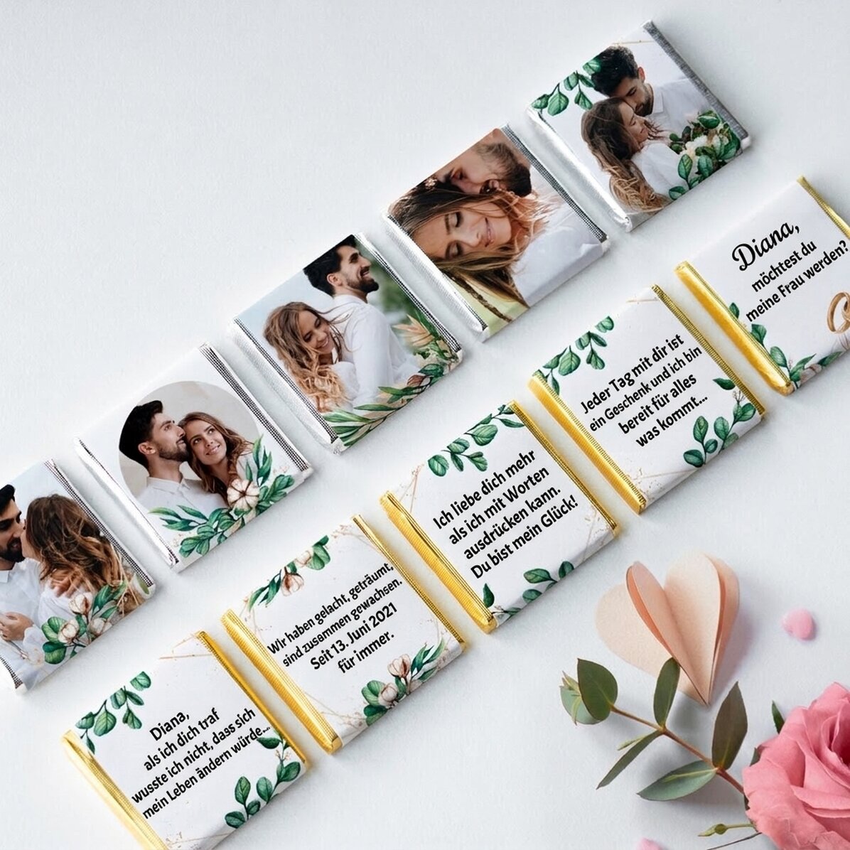 Set mit 10 personalisierten Mini-Pralinen mit Fotos und Text – Besonderer Heiratsantrag