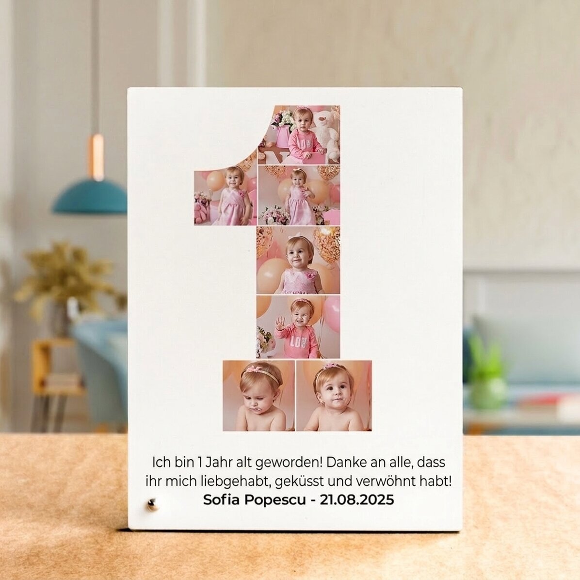 Personalisierter Fotorahmen für den Schreibtisch mit 7 Fotos und Text – Einjähriges Jubiläum