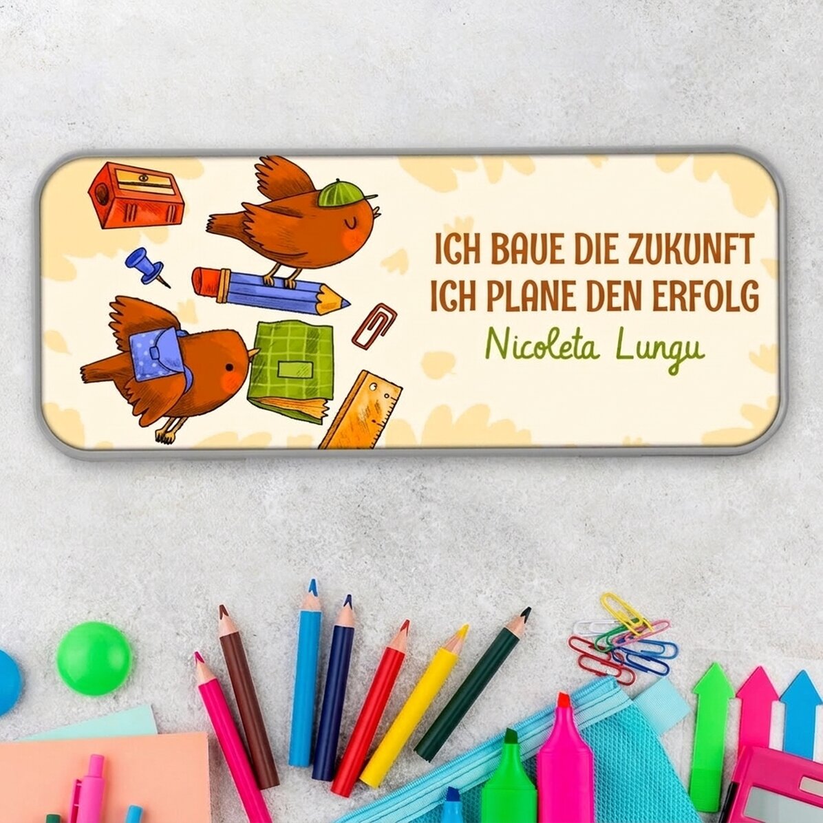 Personalisiertes Federmäppchen mit Text – Learning Birds