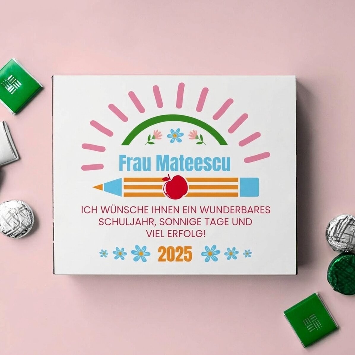 Personalisierte Pralinenschachtel mit Text zum Jahresbeginn