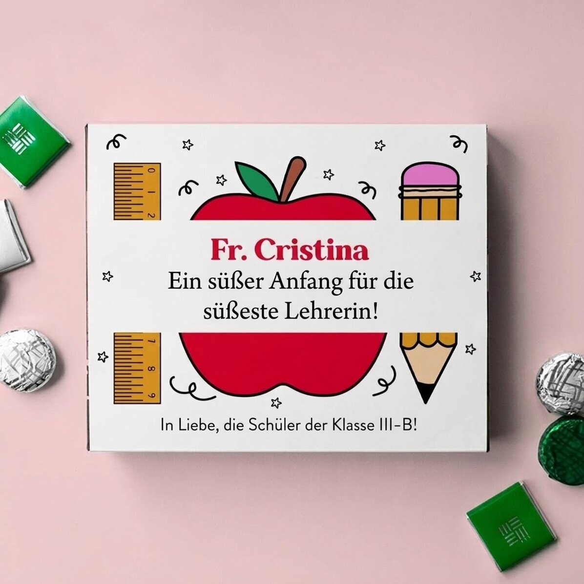 Personalisierte Pralinenschachtel mit einer Botschaft für Lehrerinnen