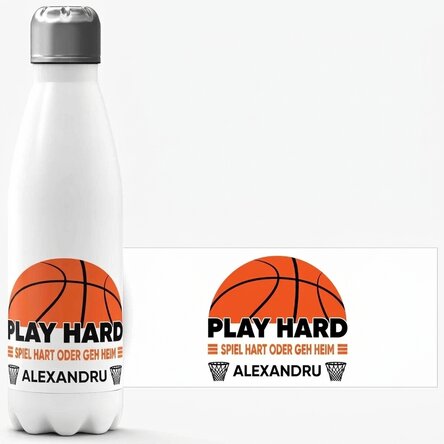 Thermoskanne mit weißem Boden, individuell mit Text bedruckt – Basketball
