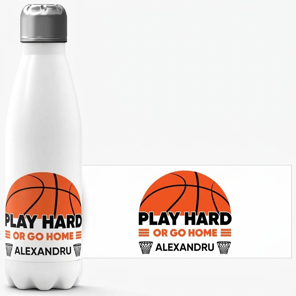 Thermoskanne mit weißem Boden, individuell mit Text bedruckt – Basketball