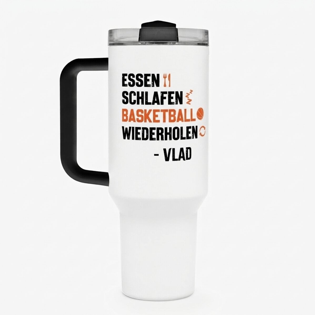 Thermosflasche mit Griff und Strohhalm, personalisiert mit Namen – Basketball