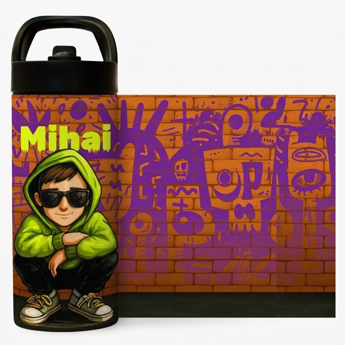 Thermoskanne mit Griff und personalisiertem Strohhalm mit Namen – Graffiti