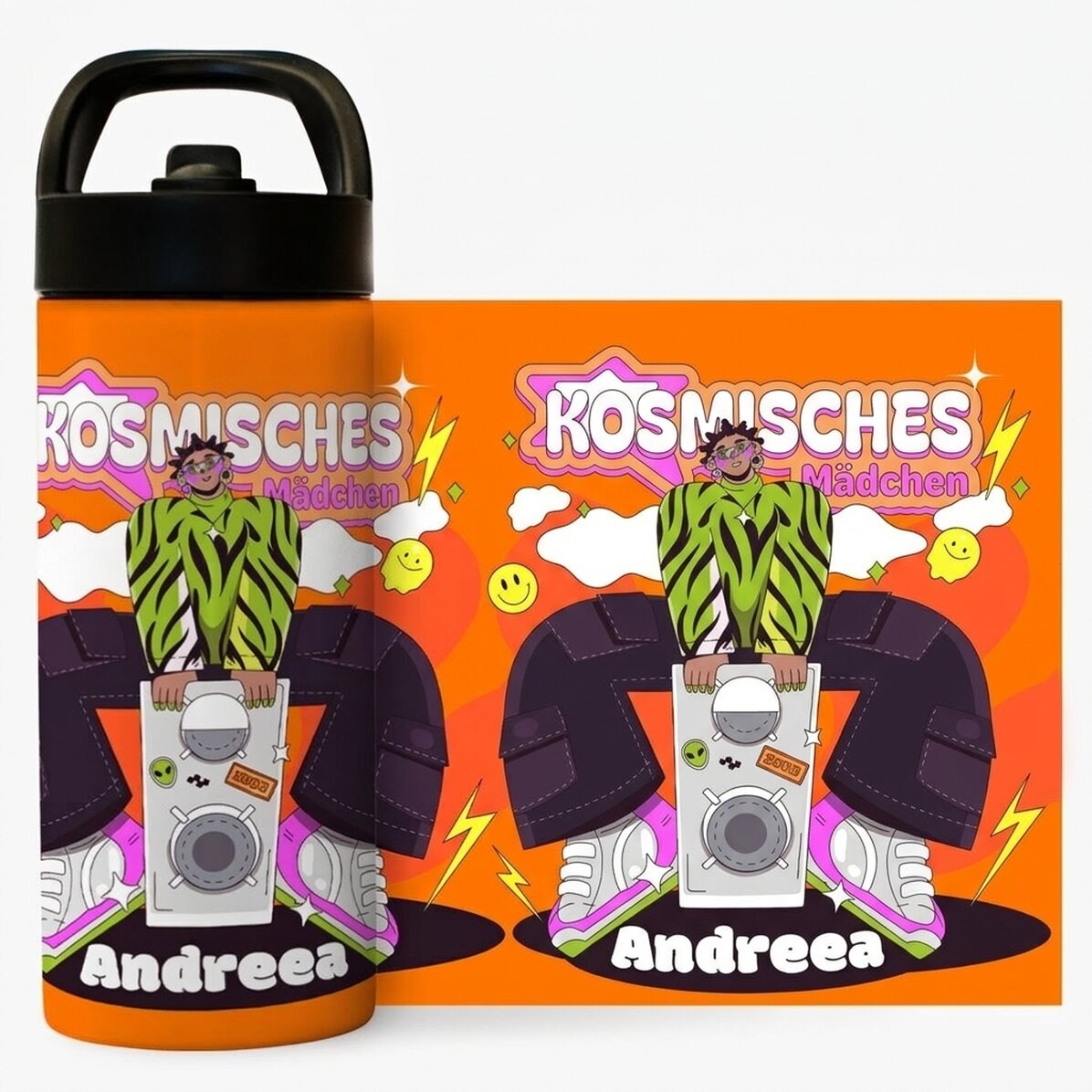 Thermoskanne mit Griff und personalisiertem Strohhalm mit Namen – Cosmic Girl