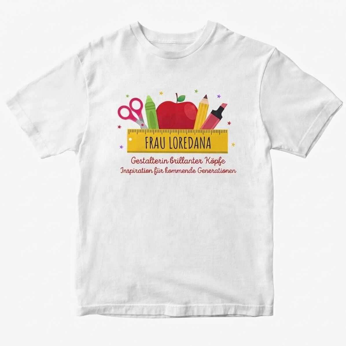 Personalisiertes Baumwoll-T-Shirt mit Namen für Lehrer – Schulbedarf