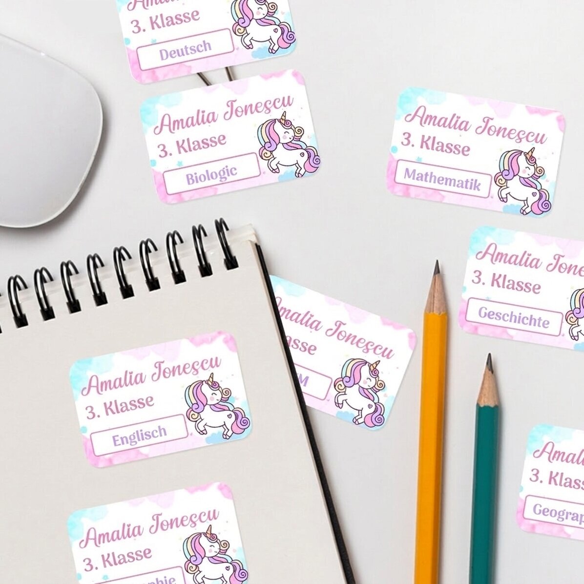 Set mit 8 personalisierten Aufklebern (selbstklebende Etiketten) für die Schule – Einhorn