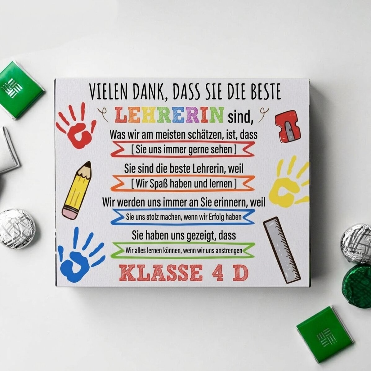 Personalisierte Pralinenschachtel mit einer Botschaft für die Lehrerin