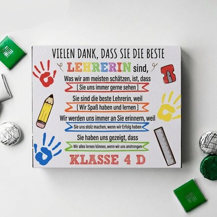 Personalisierte Pralinenschachtel mit einer Botschaft für die Lehrerin