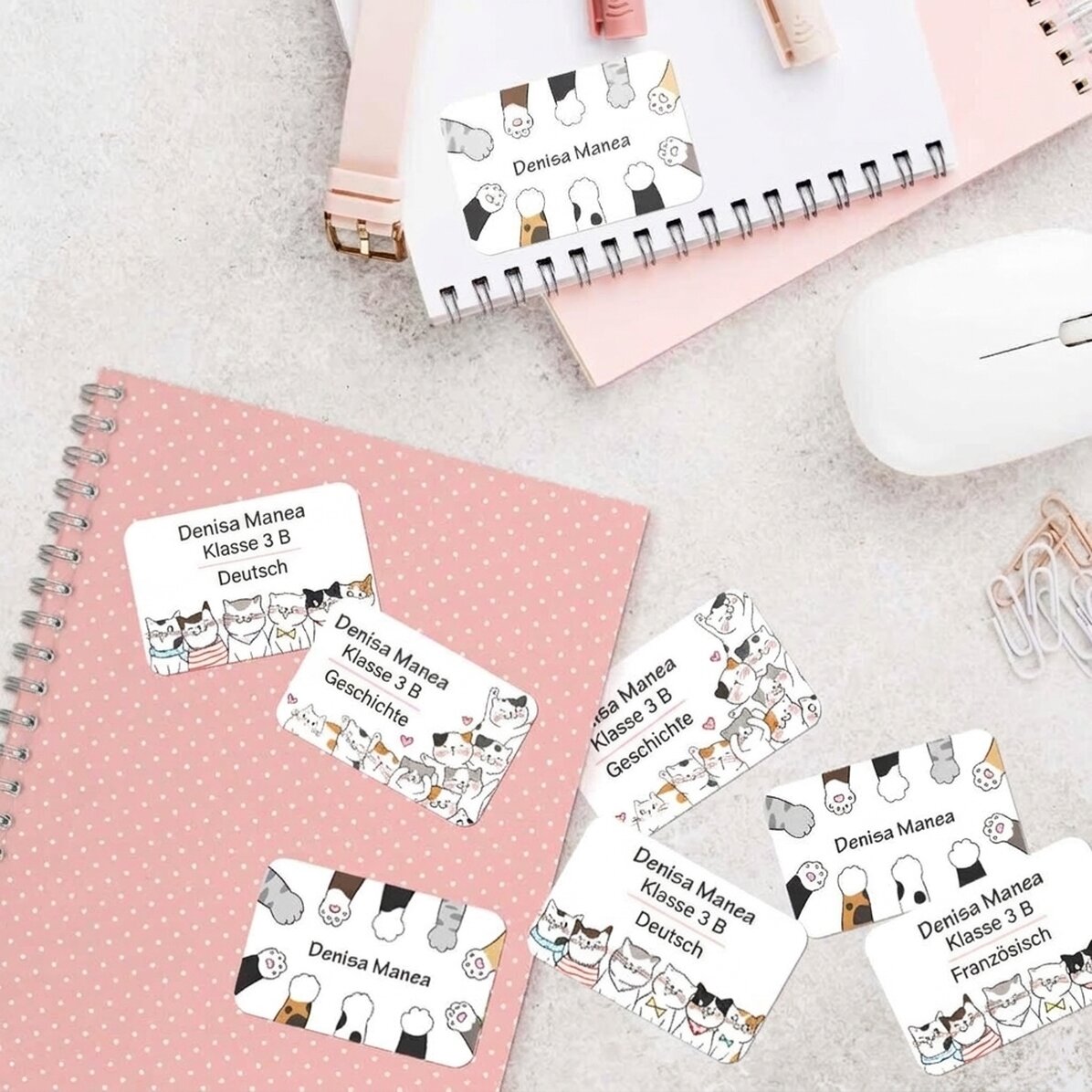 Set mit 8 personalisierten Aufklebern (selbstklebende Etiketten) für die Schule – Kitty