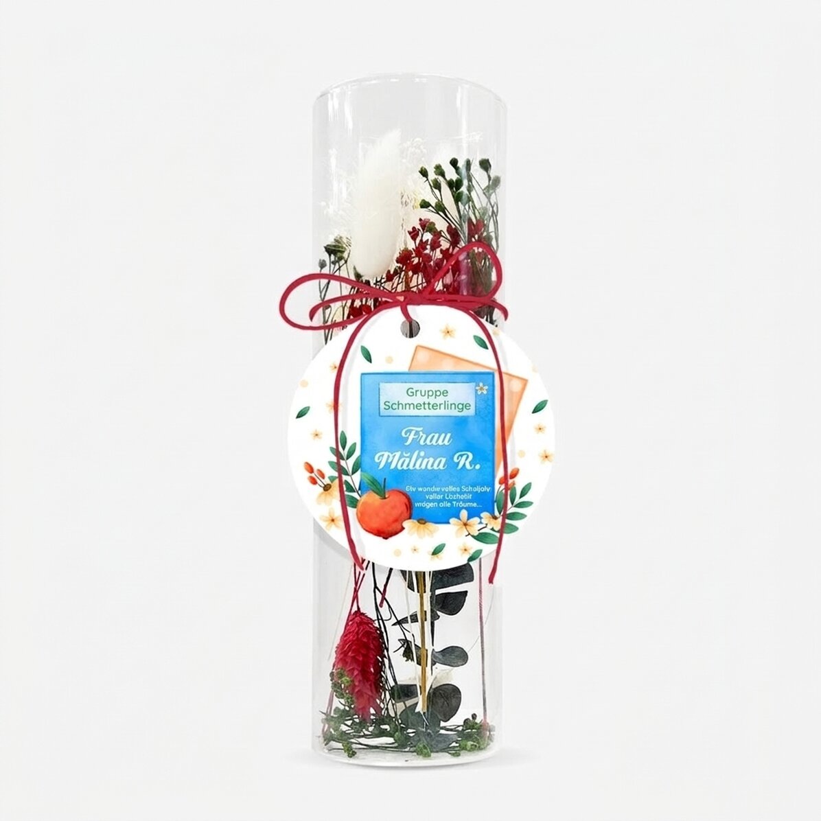 Glasornament mit konservierten Blumen, individuell gestaltet mit einer Botschaft für Lehrerinnen