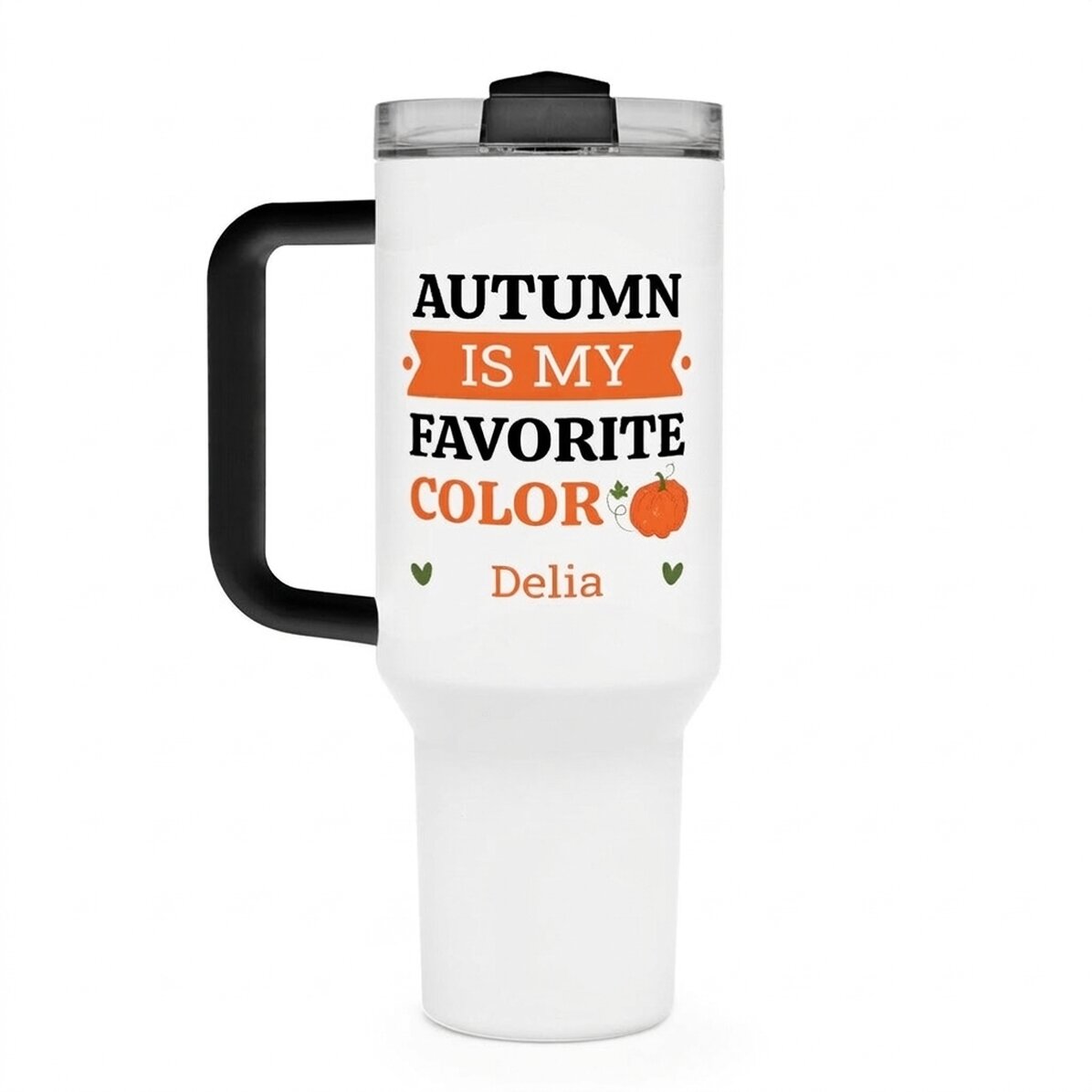 Thermosbecher mit Griff und Strohhalm, individuell mit Text bedruckt – Herbst