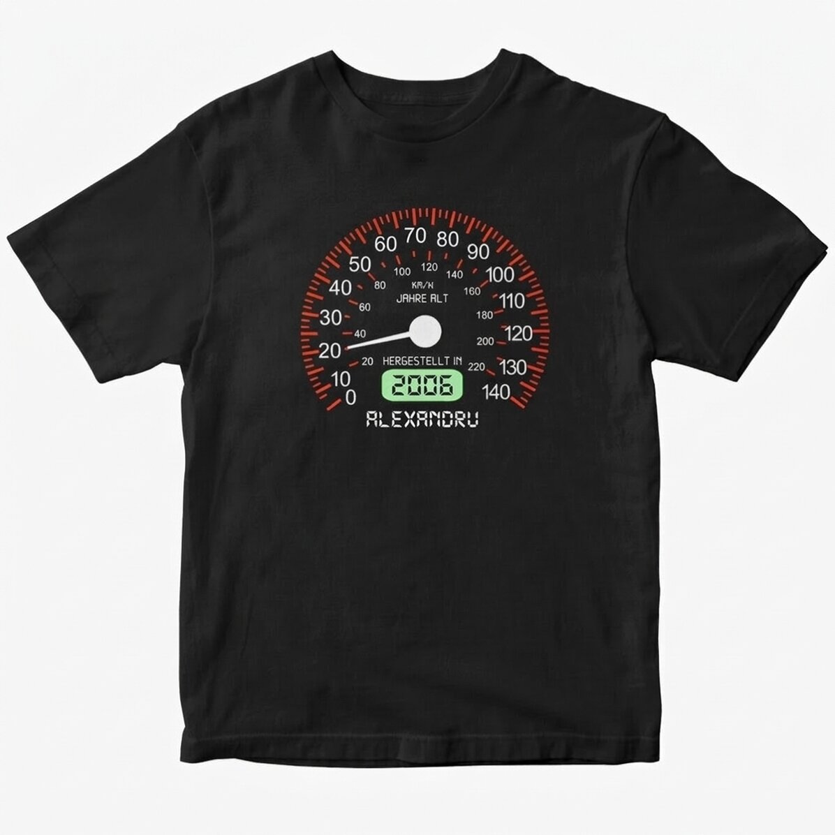 Personalisiertes Baumwoll-T-Shirt mit Aufdruck – Tachometer