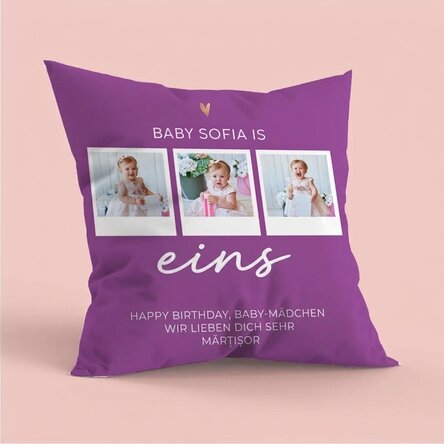 Personalisiertes Kissen mit 3 Fotos und einer Botschaft – Birthday Baby