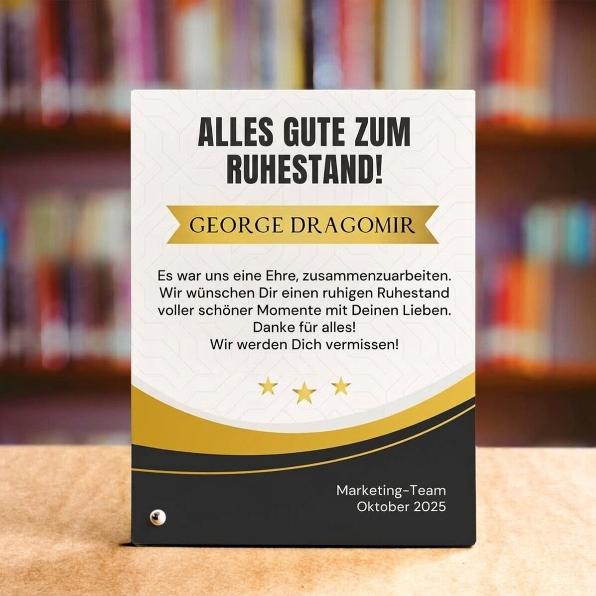 Personalisierter Fotorahmen für den Schreibtisch mit Text – Ruhestand