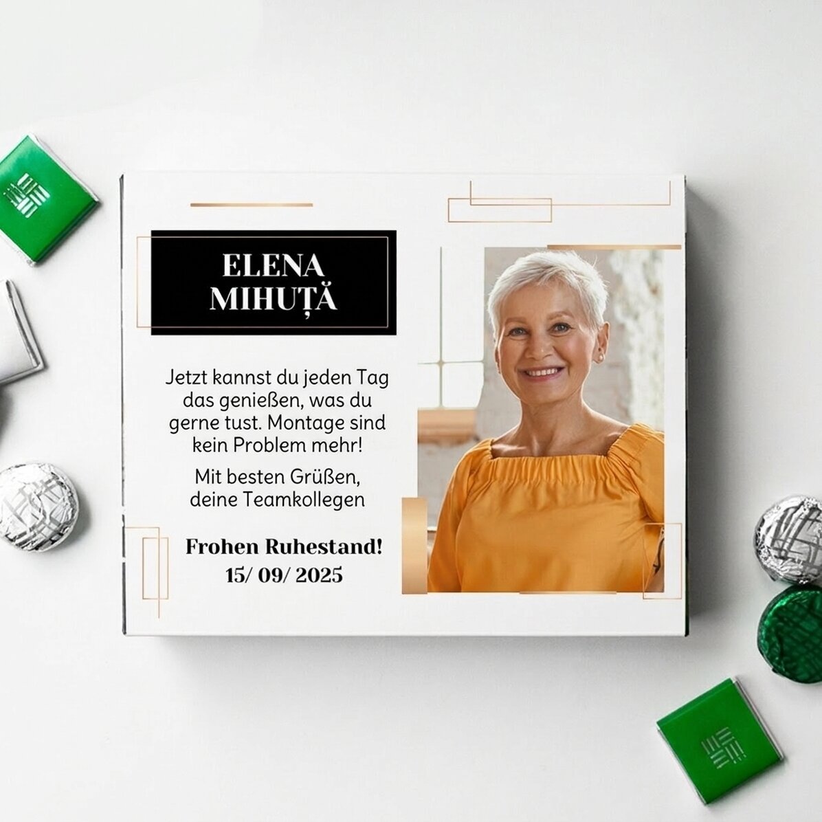 Personalisierte Pralinenschachtel mit Botschaft und Foto – Ruhestand