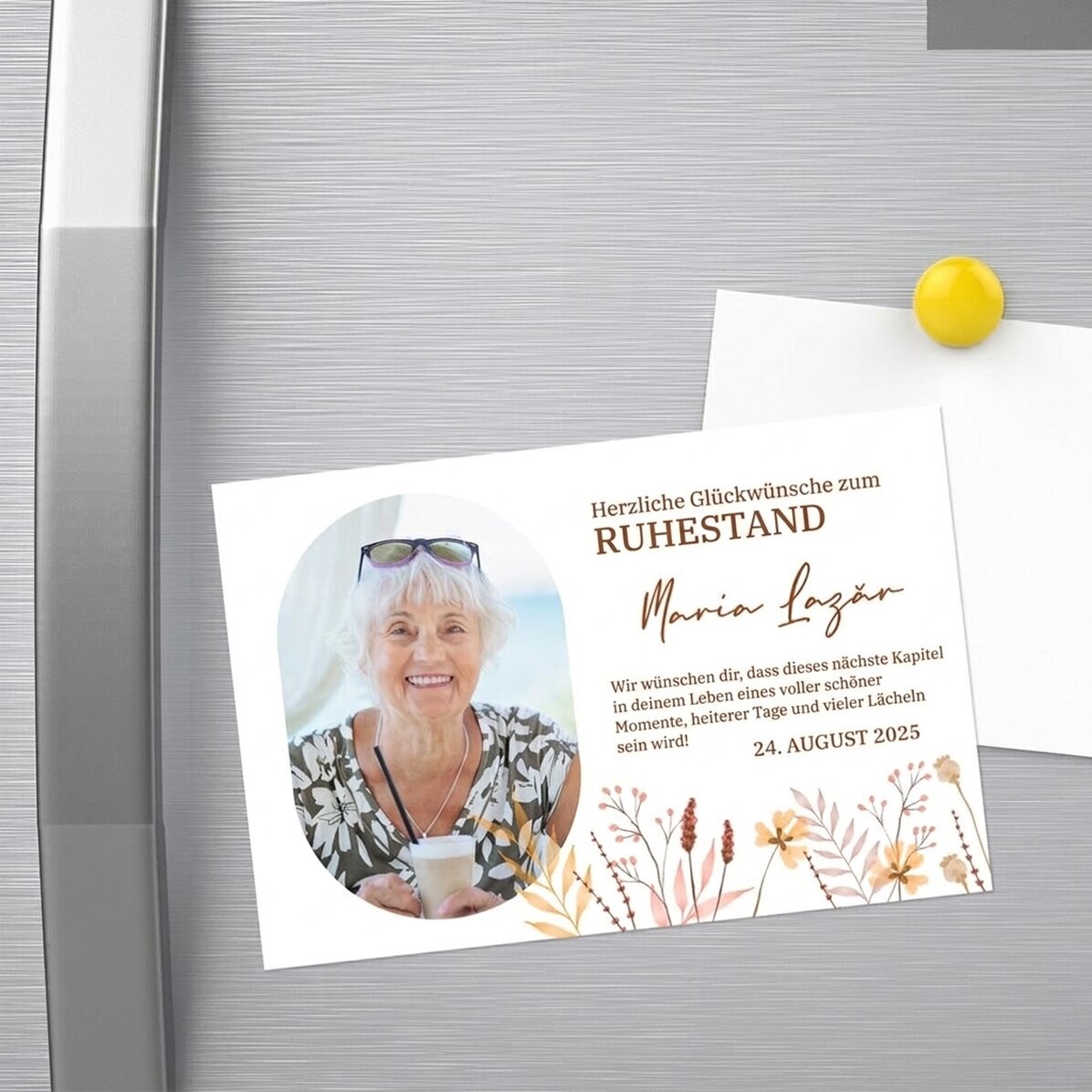 Magnet 15 x 10 cm, individuell gestaltet mit einem Foto und einem Text – Ruhestand