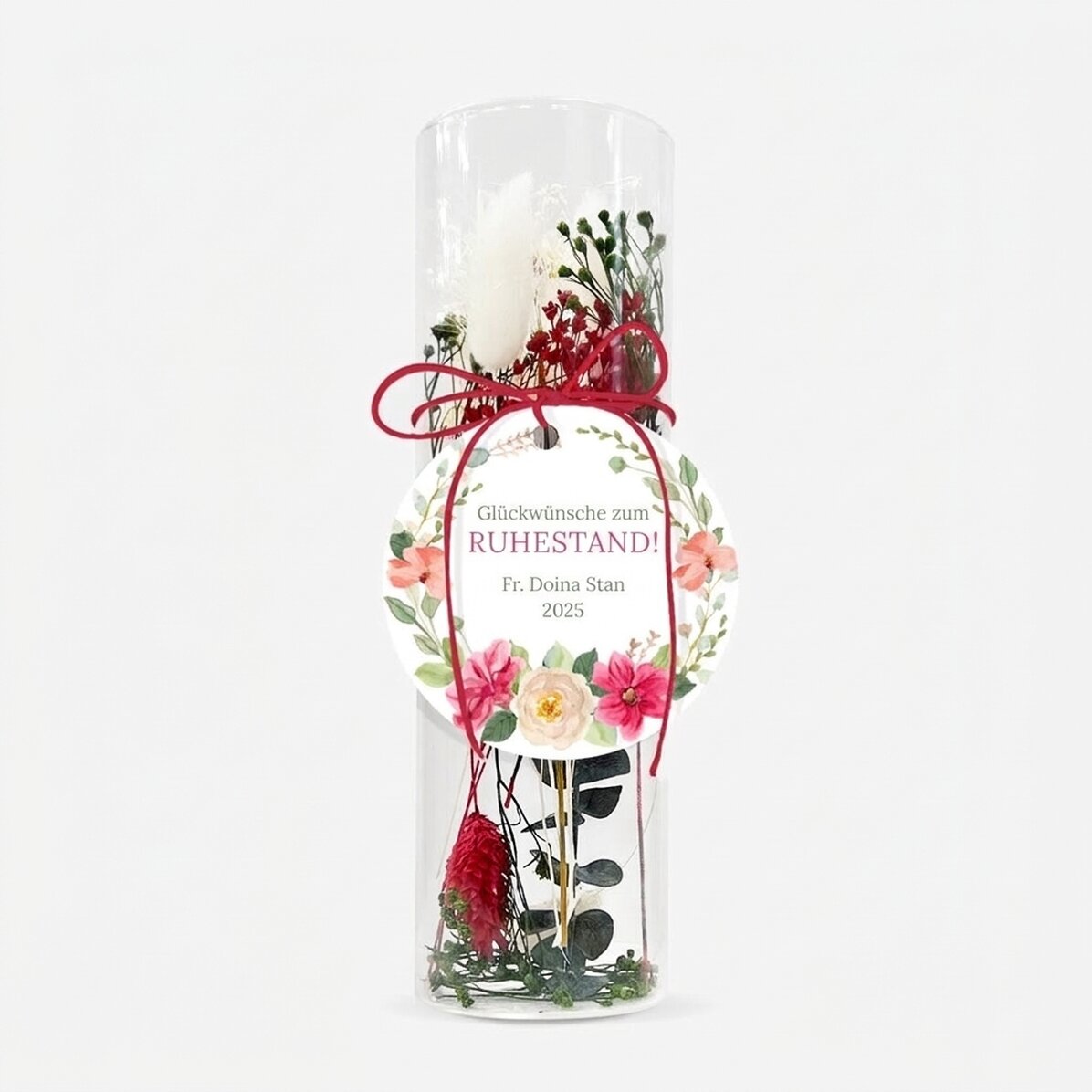 Glasornament mit konservierten Blumen, individuell mit Text gestaltet – Ruhestand