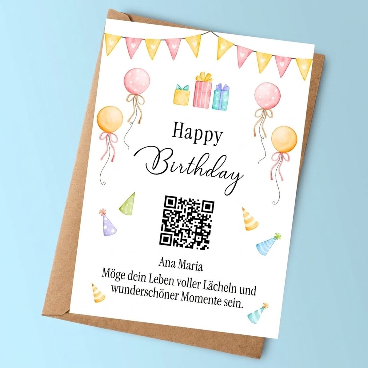 Personalisierte Karte mit Text und QR-Code – Herzlichen Glückwunsch zum Geburtstag!