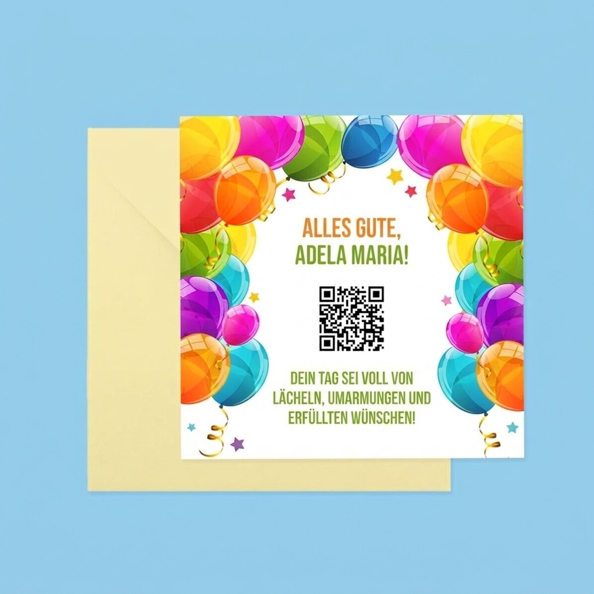Individuell gestaltete quadratische Karte mit Text und QR-Code – Herzlichen Glückwunsch zum Geburtst