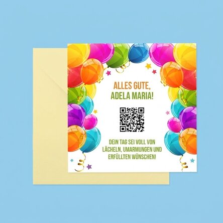 Individuell gestaltete quadratische Karte mit Text und QR-Code – Herzlichen Glückwunsch zum Geburtst