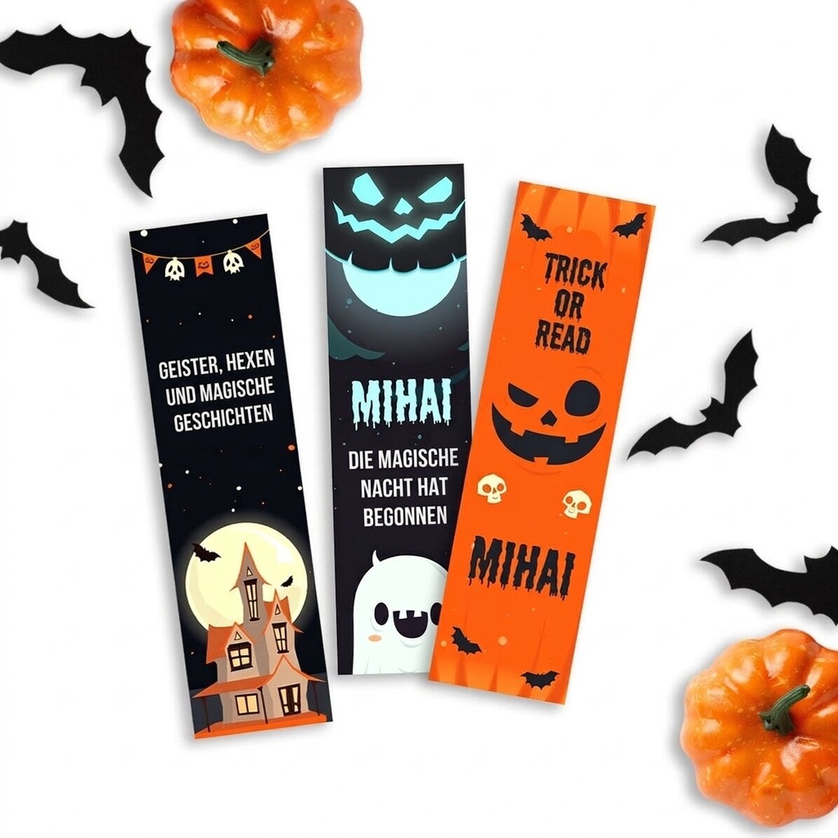 Set mit 3 personalisierten Lesezeichen mit Text – Trick or read
