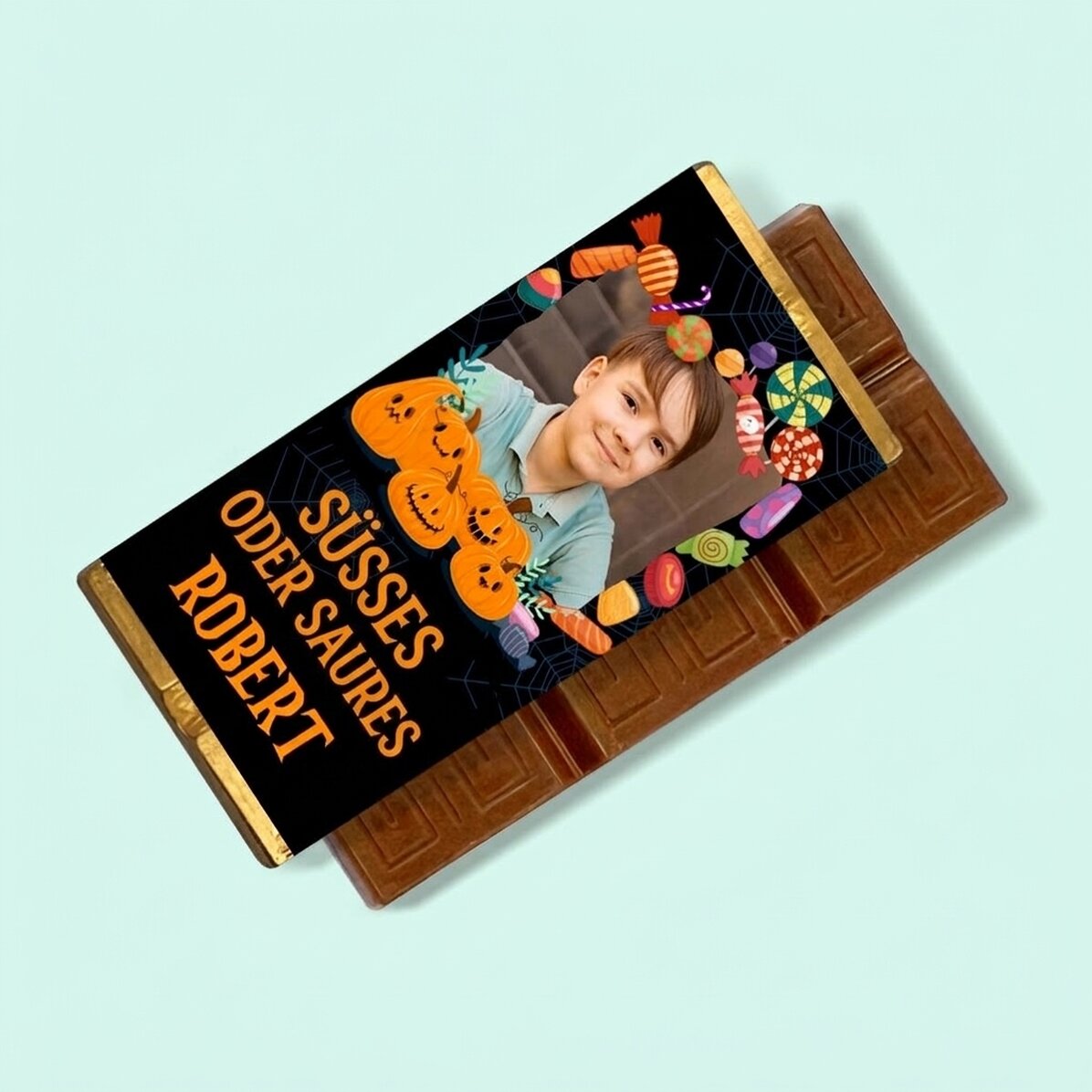 Personalisierte Mini-Schokoladentafel mit Text und Foto – Halloween