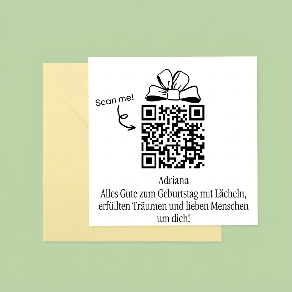 Individuell gestaltete quadratische Karte mit Grußtext und QR-Code – Herzlichen Glückwunsch zum Gebu