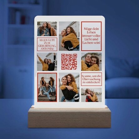 Individuell gestaltete LED-Nachtlampe mit 7 Fotos, einer Botschaft und einem QR-Code – Herzlichen Gl