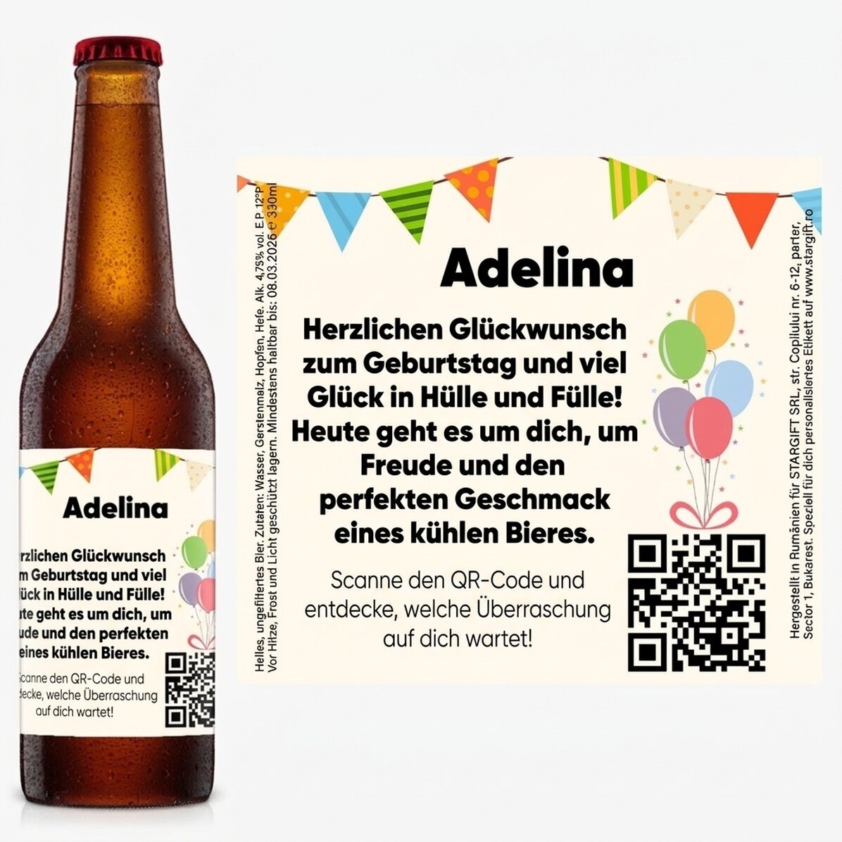 Individuell gestaltetes Bier mit Text und QR-Code – Geburtstag