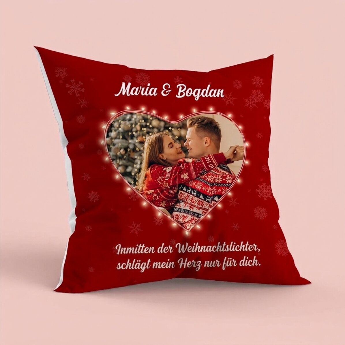 Personalisiertes Kissen mit Foto und Botschaft – Weihnachtslichter