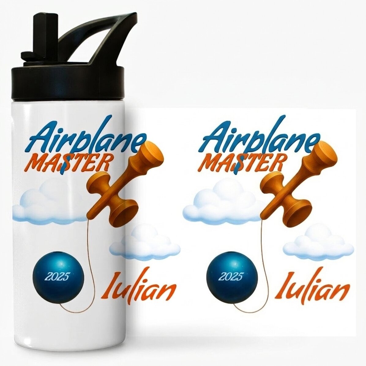 Thermosflasche mit Griff und personalisiertem Strohhalm mit Namen für Kinder – Airplane Master