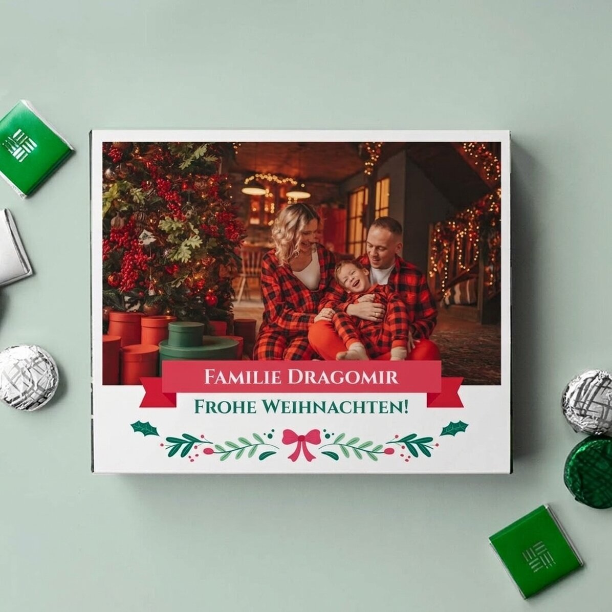 Personalisierte Pralinenschachtel mit Foto und Text – Frohe Weihnachten!