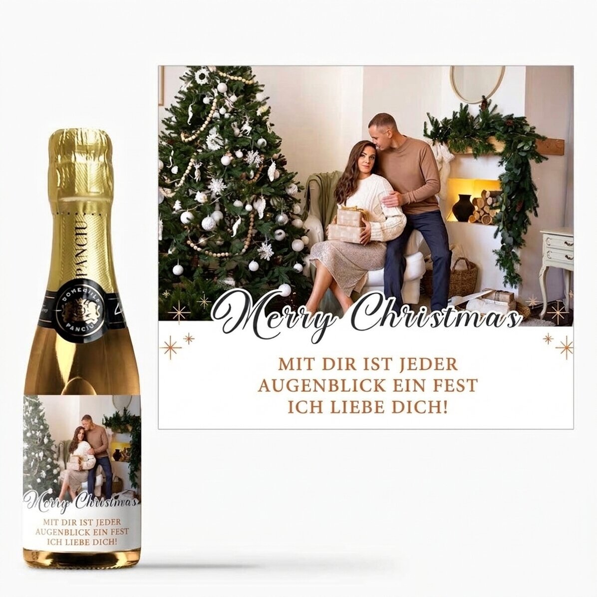 Kleine Sektflasche, individuell gestaltet mit Text und einem Foto – Merry Christmas