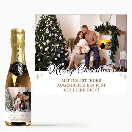 Kleine Sektflasche, individuell gestaltet mit Text und einem Foto – Merry Christmas