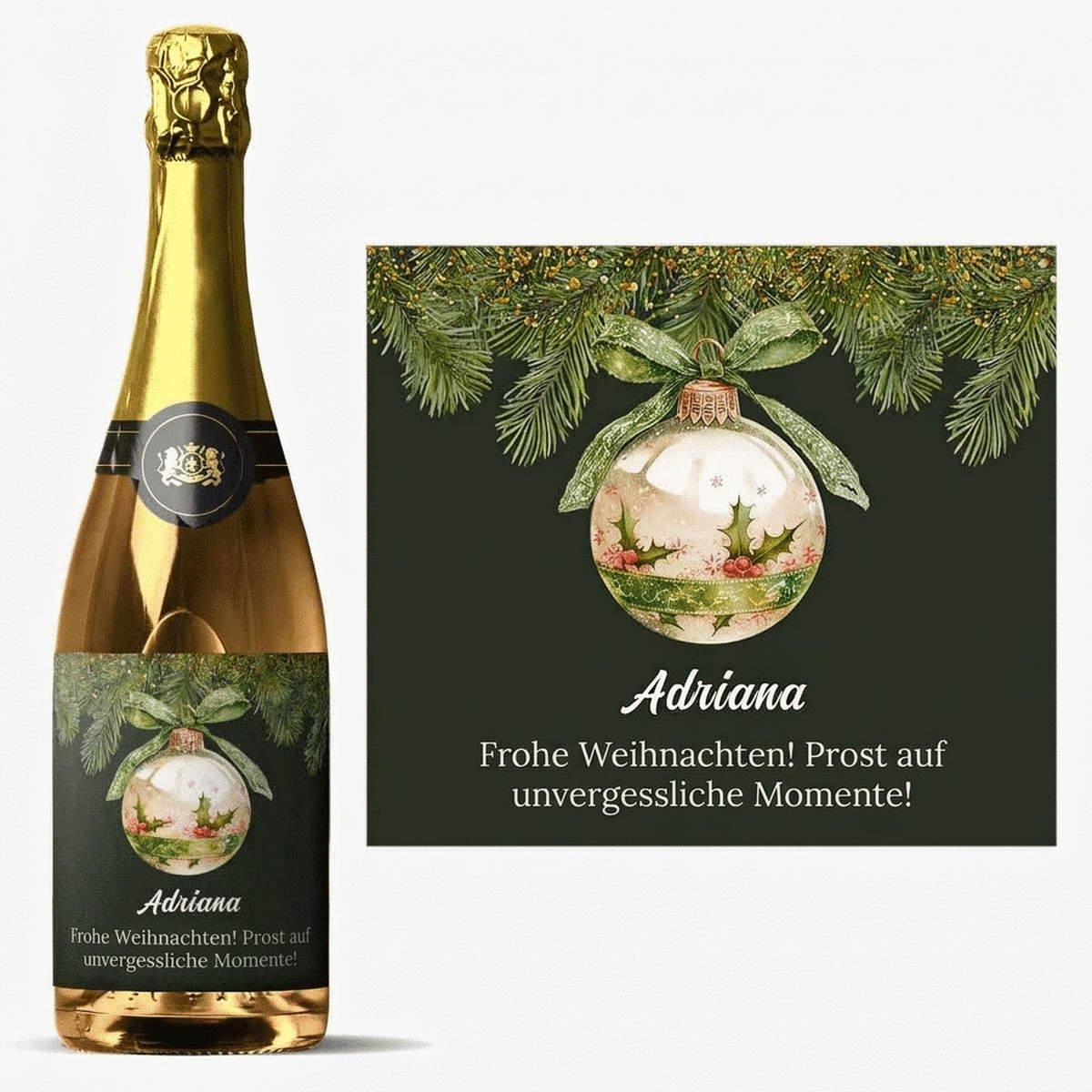 Personalisierter Sekt mit Text – Weihnachtskugel