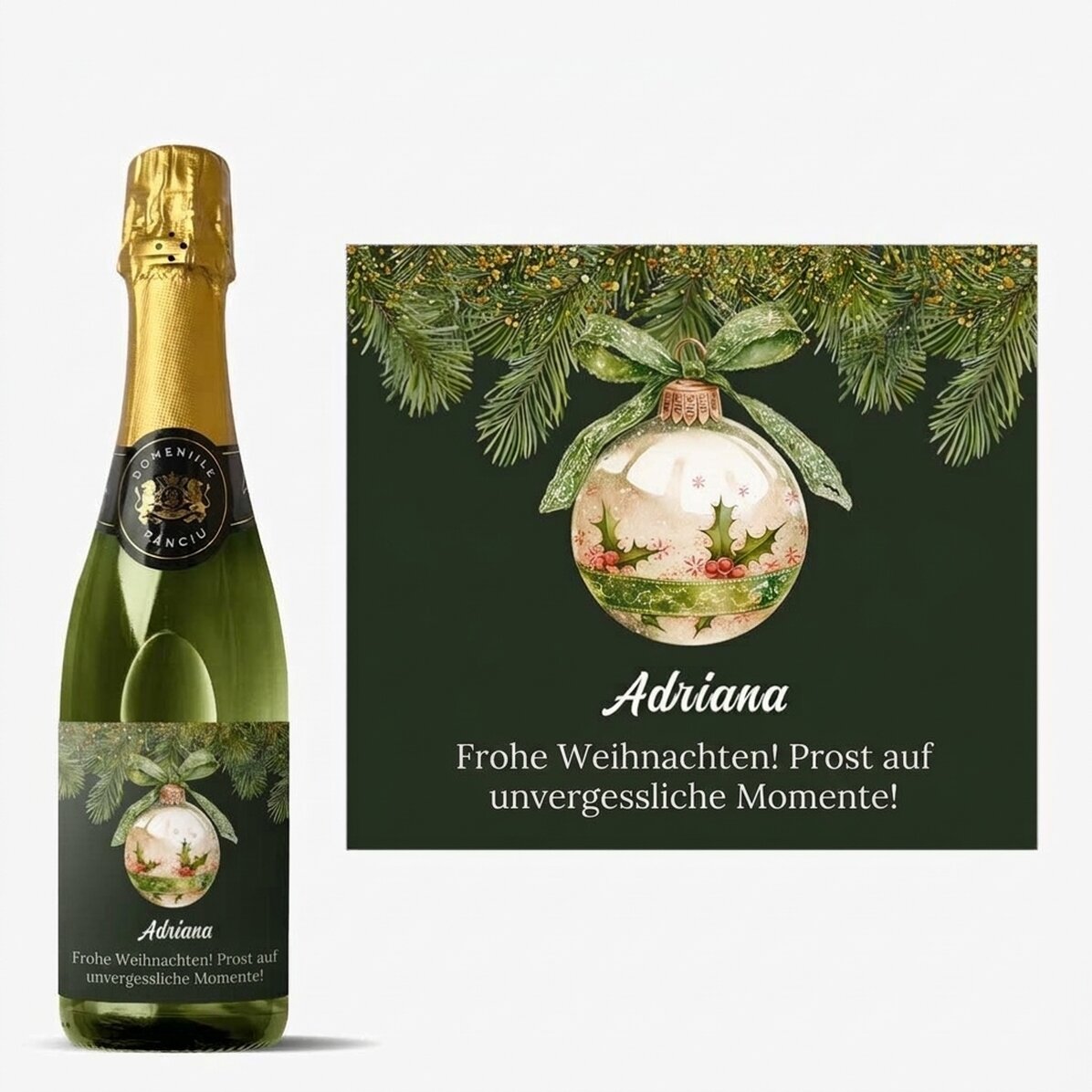 Mittlere Sektflasche mit individueller Beschriftung – Weihnachtskugel