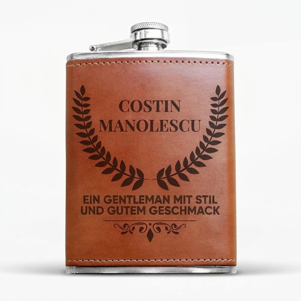 Personalisierte, mit Leder überzogene Taschenflasche – Gentleman