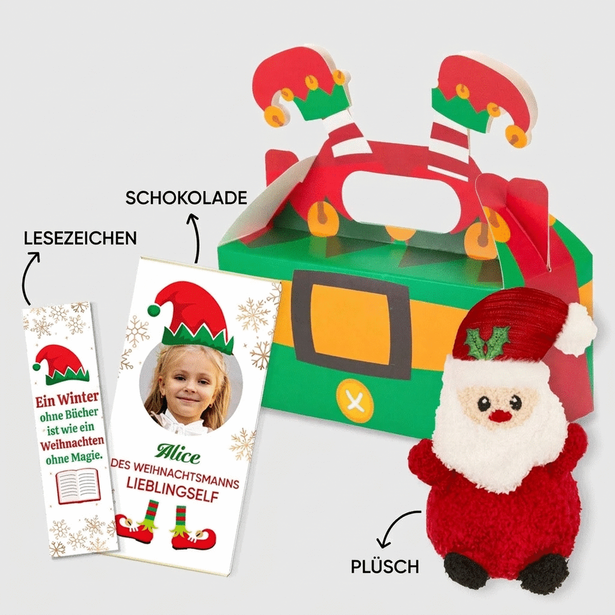 Geschenkset mit personalisierter Schokolade – Elf