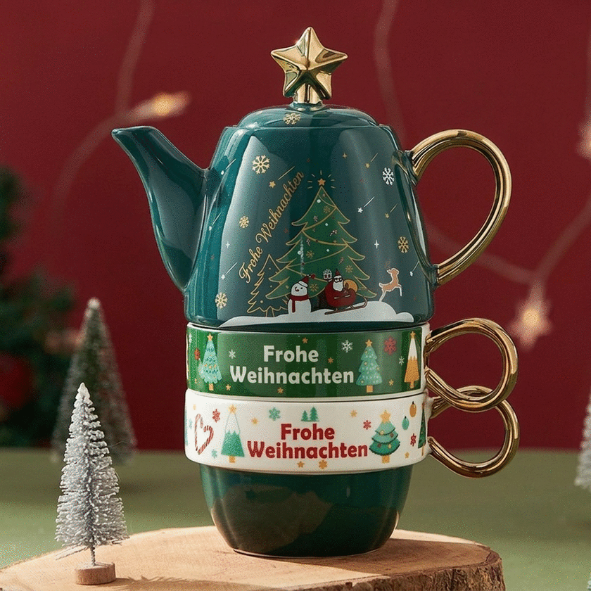 Weihnachts-Geschenkset mit 2 Tassen und einer Teekanne