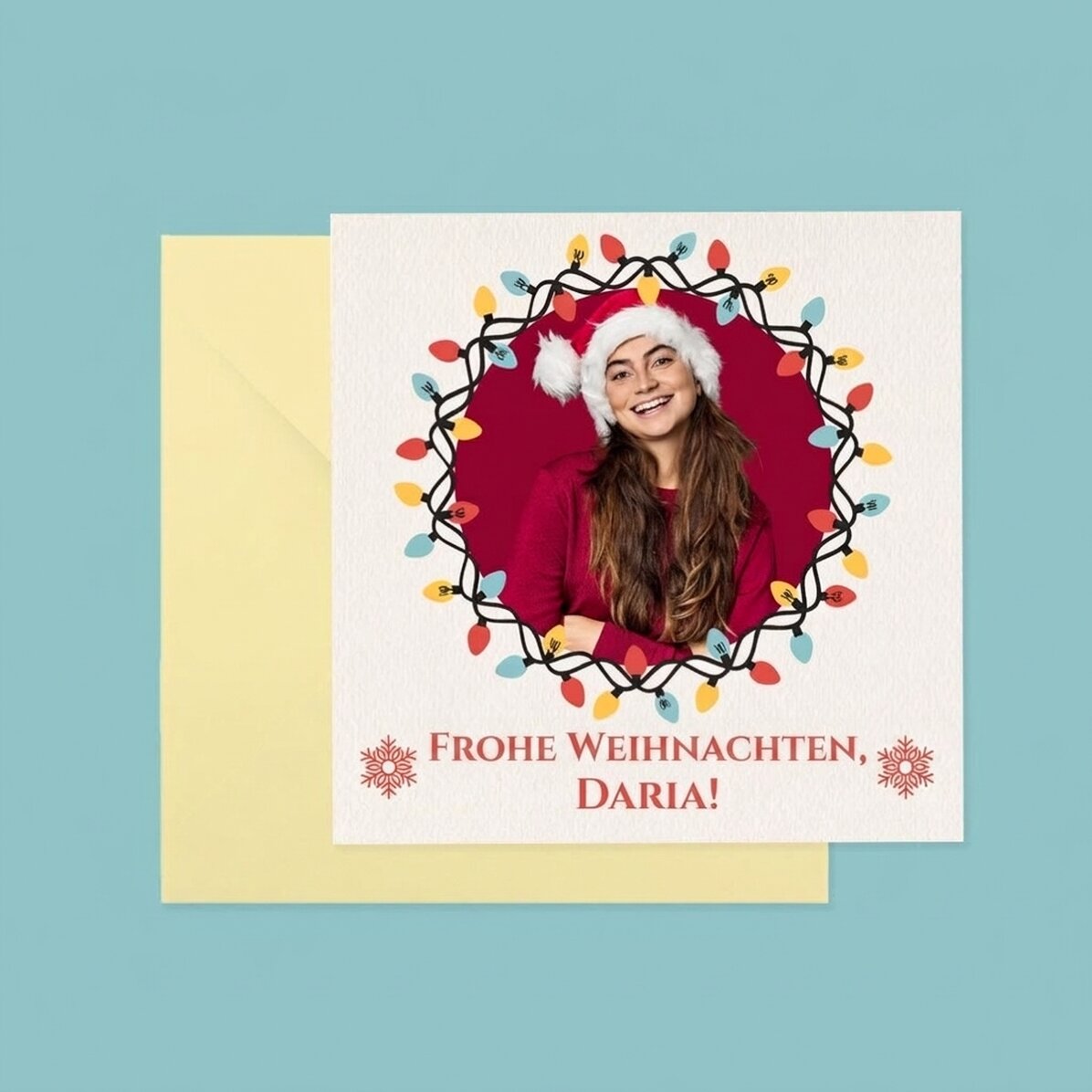 Individuell gestaltete quadratische Karte mit einer Botschaft und einem Foto – Weihnachten