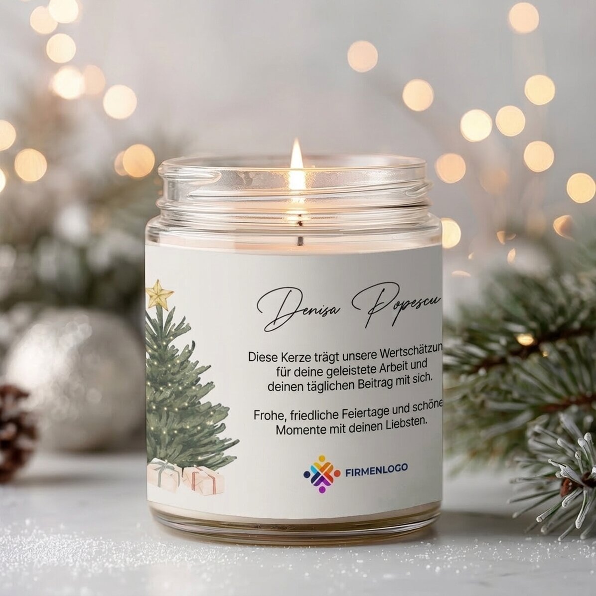 Große, personalisierte Duftkerze mit Logo und Botschaft – Weihnachten