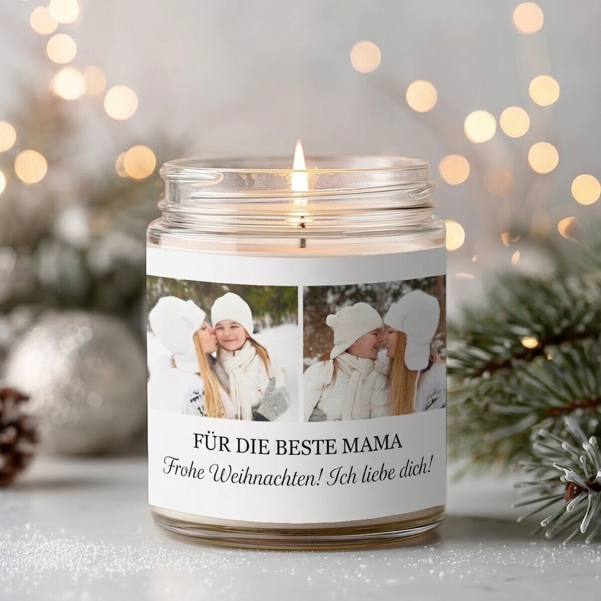Große, personalisierte Duftkerze mit 2 Fotos und Text