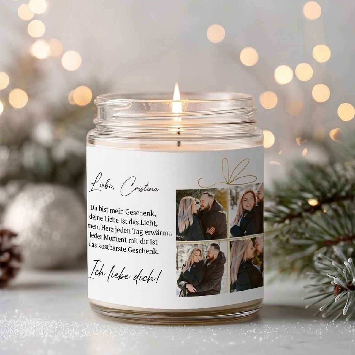 Große, personalisierte Duftkerze mit 4 Fotos und Text – Weihnachtsgeschenk