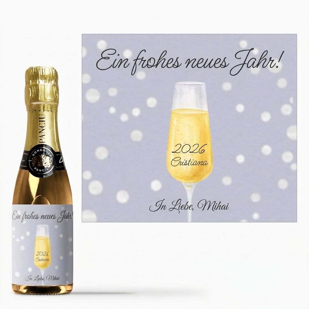 Kleine Sektflasche mit individueller Beschriftung – Champagnerglas