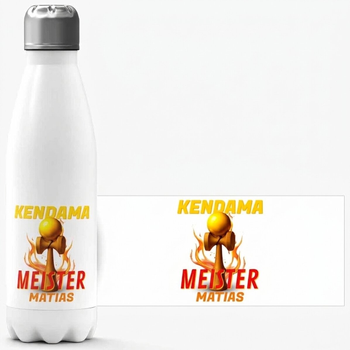 Thermoskanne mit weißem Boden, individuell mit Text bedruckt – Kendama Master