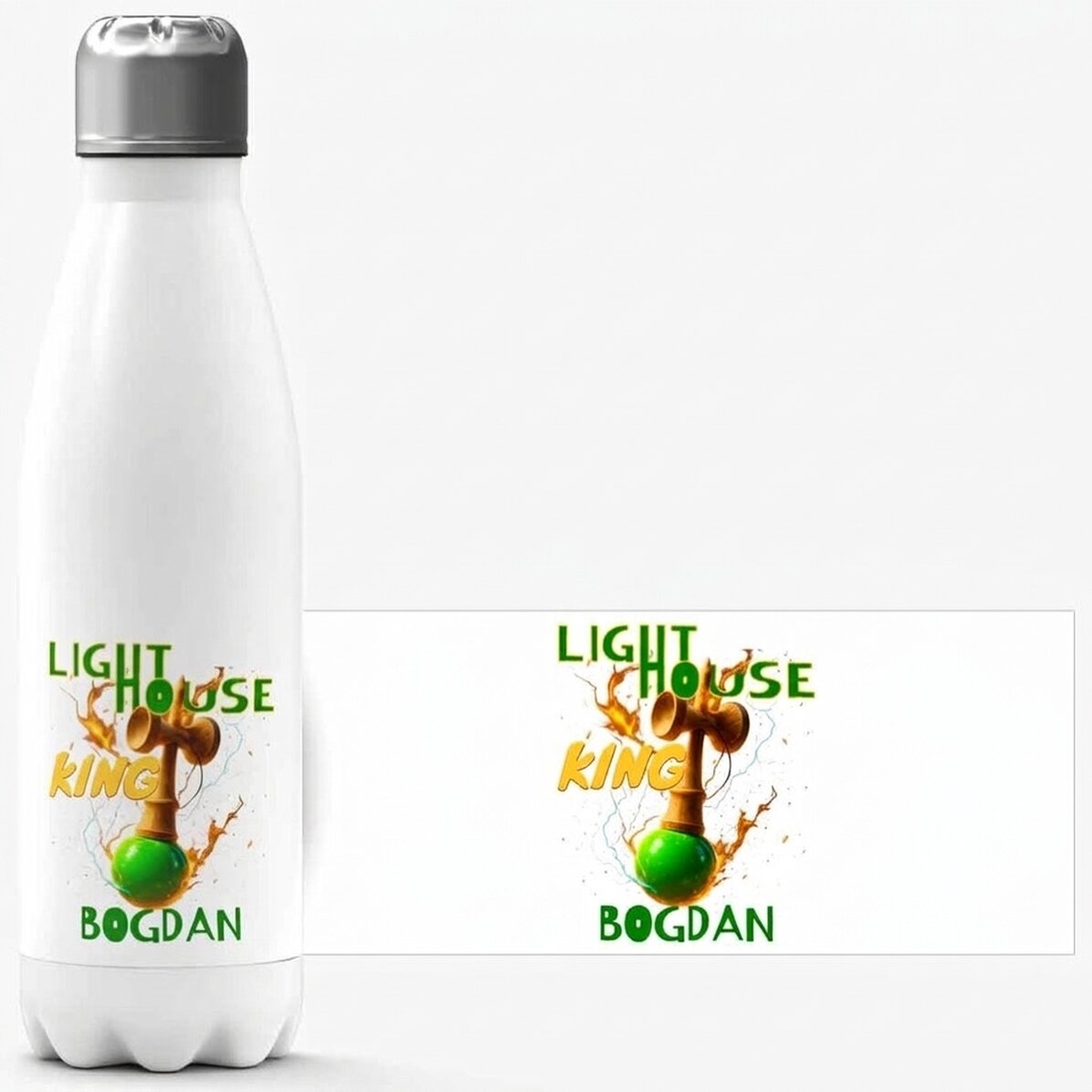 Thermoskanne mit weißem Boden, individuell mit Text bedruckt – Lighthouse King