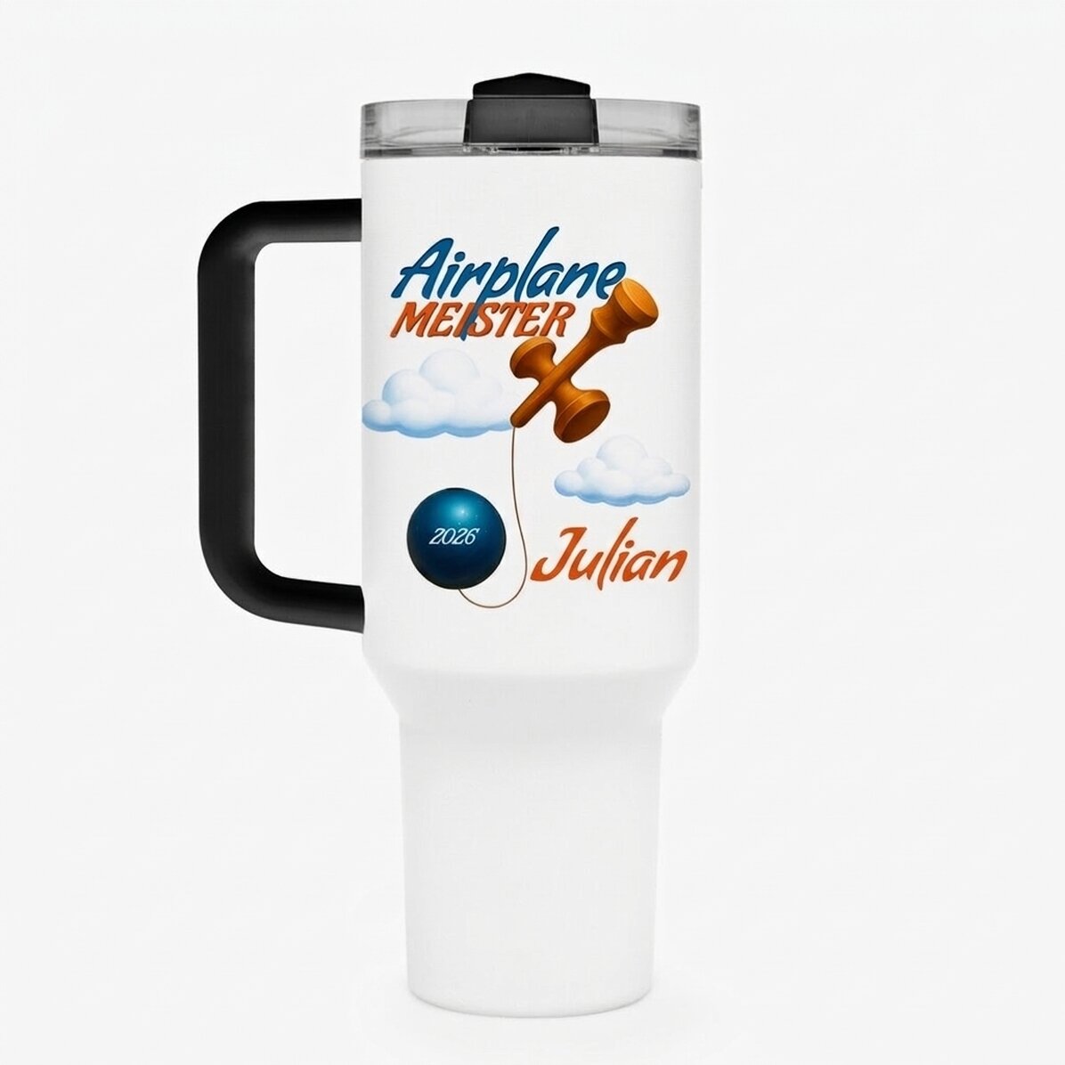 Thermosbecher mit Griff und Strohhalm, individuell mit Namen bedruckt – Airplane Master