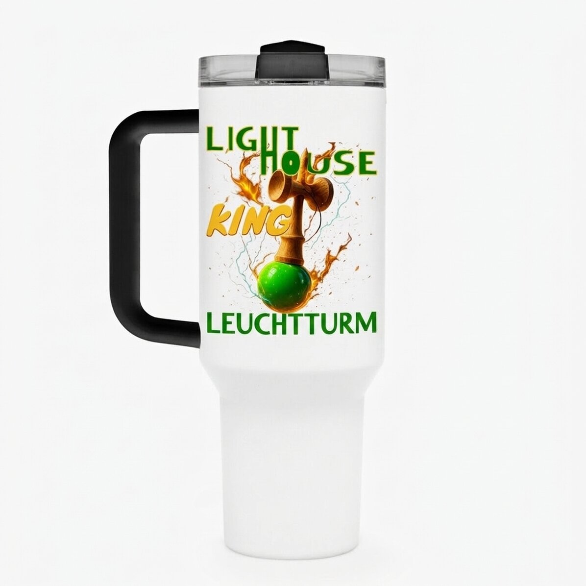 Thermosbecher mit Griff und Strohhalm, individuell mit Namen bedruckt – Lighthouse King